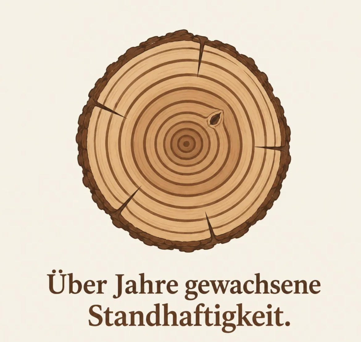 Baumscheibe mit Jahresringen und Astloch, darunter der Satz: Über Jahre gewachsene Standhaftigkeit