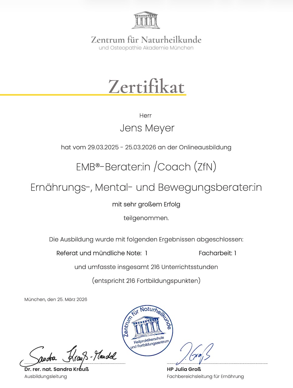 Zertifikat EMB® Berater Coach ZfN München – Jens Meyer